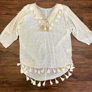 River Island Cream Gold Tasseled Crochet Detail Sheer Split Sleeve Tunic Size XS